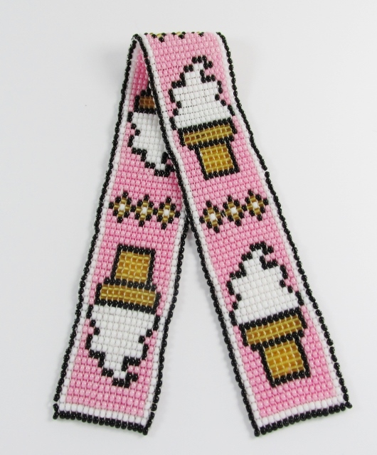 Pink, white 
and black beaded bookmark with ice cream cones