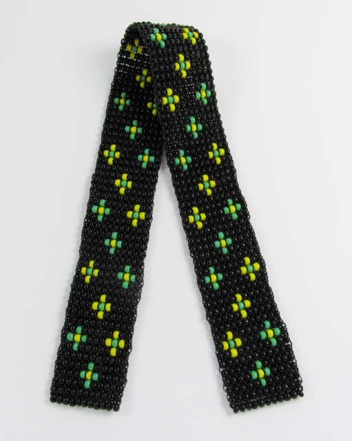 Black beaded bookmark 
with turquoise and yellow daisies design
