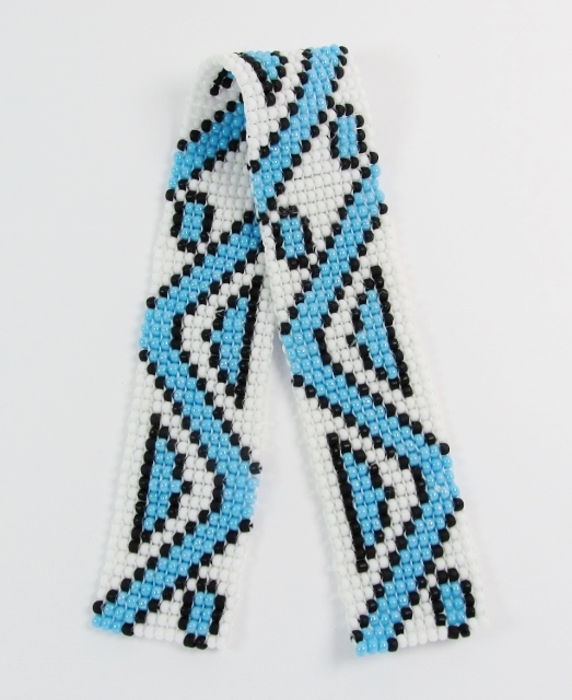 White, black and blue glass 
beaded bookmark