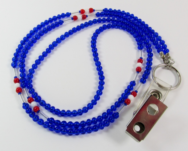 Blue, white, red and clear glass 
beaded patriotic badge holder lanyard