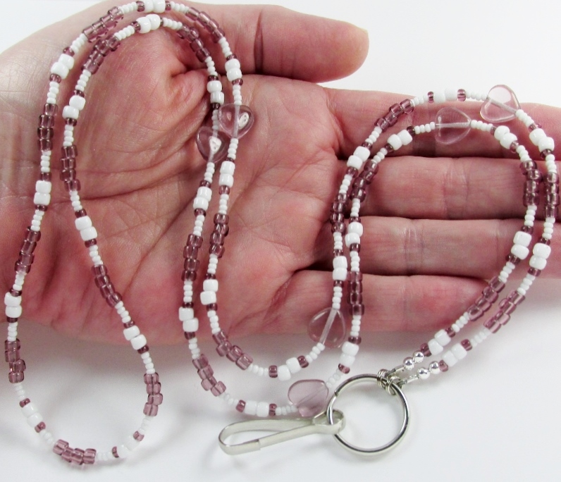 Amethyst 
and white glass beaded lanyard with amethyst heart beads