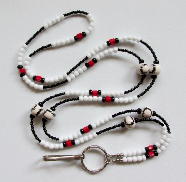 Black, white and 
red beaded ID badge holder necklace with ceramic Baseballs