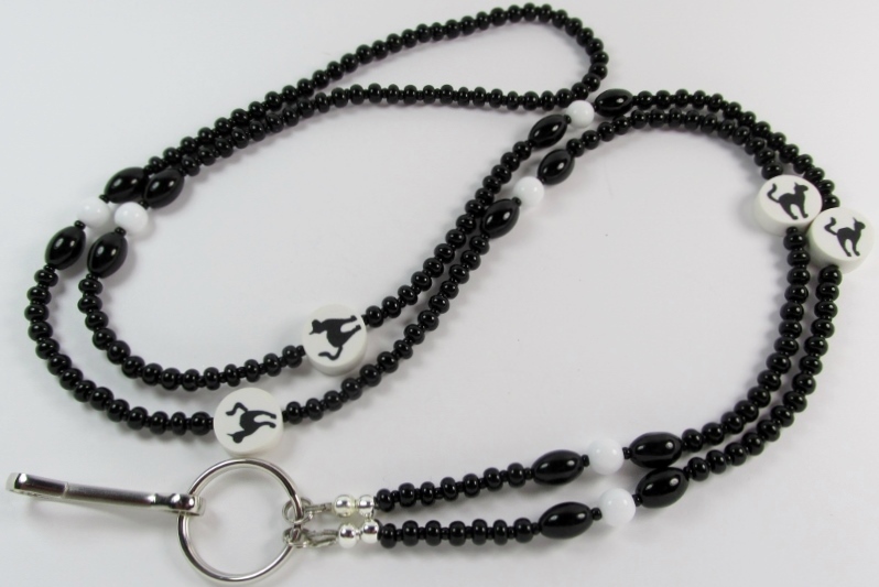 Black and 
white glass beaded badge holder necklace with black cat fimo beads