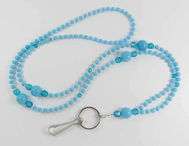Blue and 
Clear glass beaded ID badge holder necklace