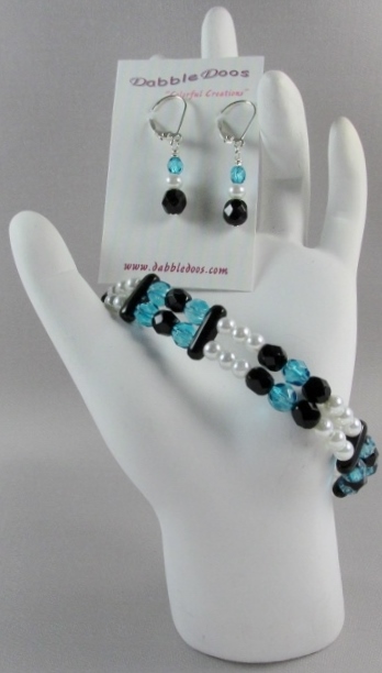 Blue, 
Black and White beaded Bracelet and Earrings Set