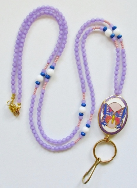 Purple, 
Pink, Blue and White Glass Beaded ID Necklace with Cloisonn� Butterfly Pendant and Magnetic Clasp