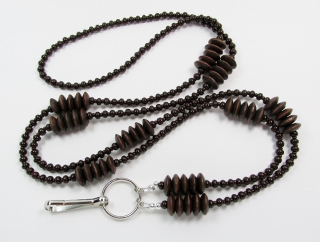 Dark Brown 
Glass and Wood Beaded Lanyard Necklace