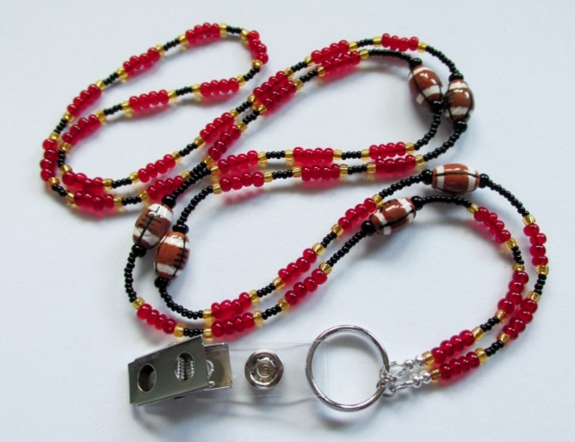 Burgundy, 
Black and Gold Beaded Sports Lanyard with Ceramic Footballs
