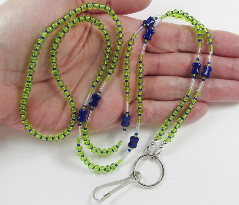 Green, Clear 
and Blue glass-beaded ID lanyard necklace