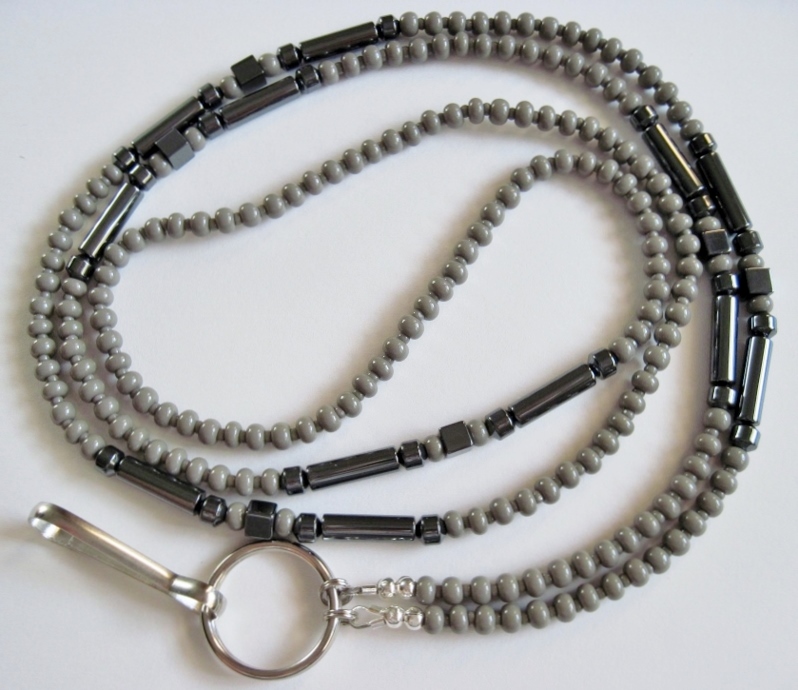 Gray ID Badge 
Holder Necklace with Hemalyke Beads