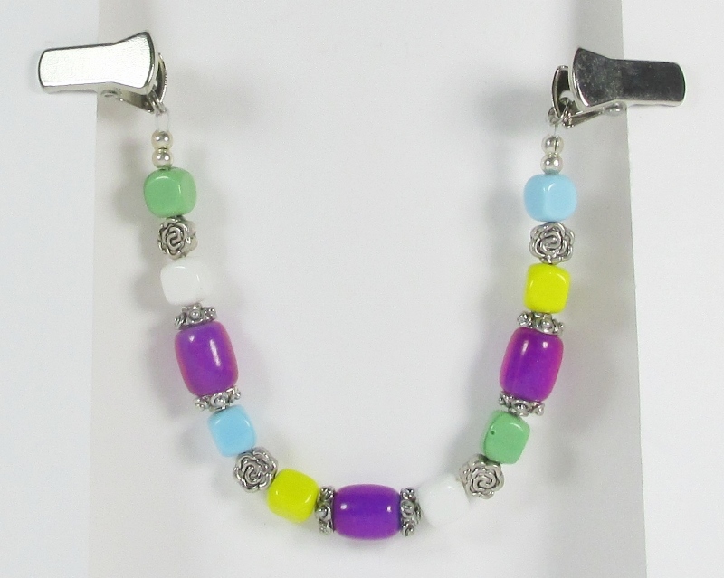 Sweater guard 
with assorted pastel beads and silver roses