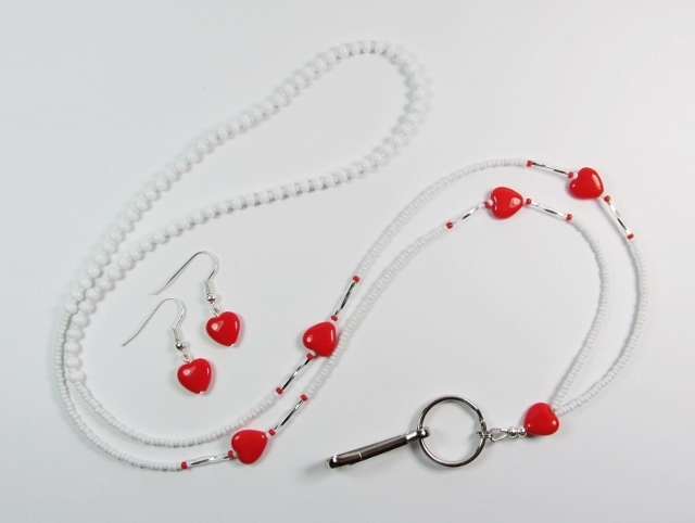White, Red 
and Silver Beaded Badge Holder Necklace with Red Hearts and Matching Pierced Earrings