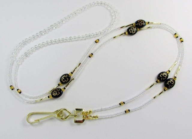 Clear, Black and 
Gold Beaded ID Lanyard with Black and Gold Glass Shamrock Beads