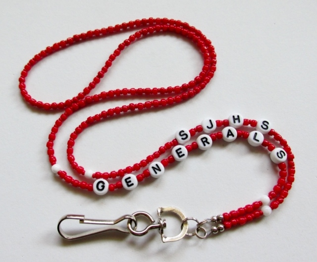 Red and White 
Badge Holder Necklace with Letters Spelling SJHS Generals