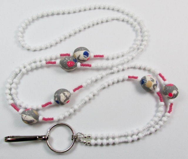 White and Pink 
Glass Beaded Badge Holder Necklace with Multi Colored Sculpey Beads